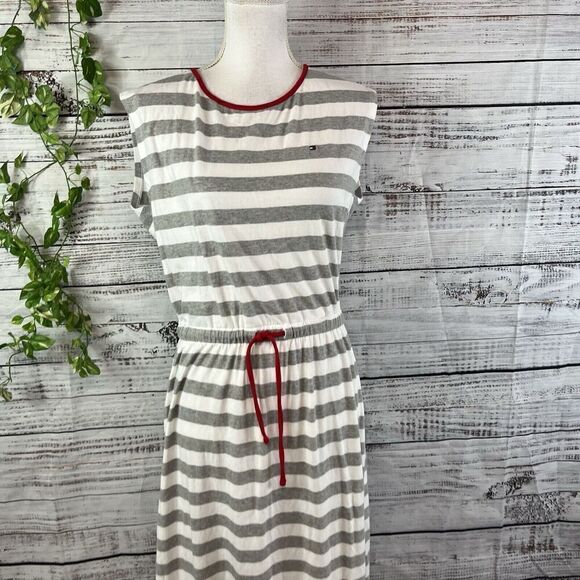 Tommy Hilfiger Dress size Small Gray White Striped Jersey Midi Casual Nautical - Picture 4 of 16